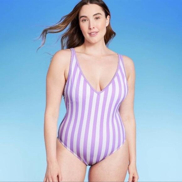 KONA SOL Swimsuit Womens Size 14W One Piece Striped Purple & White - Picture 1 of 5